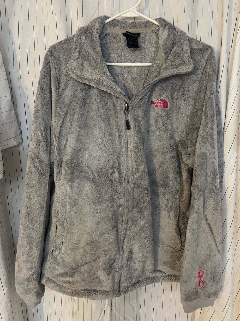 The North Face Women's Gray Plush Zip-Up Jacket with Pink Logo
